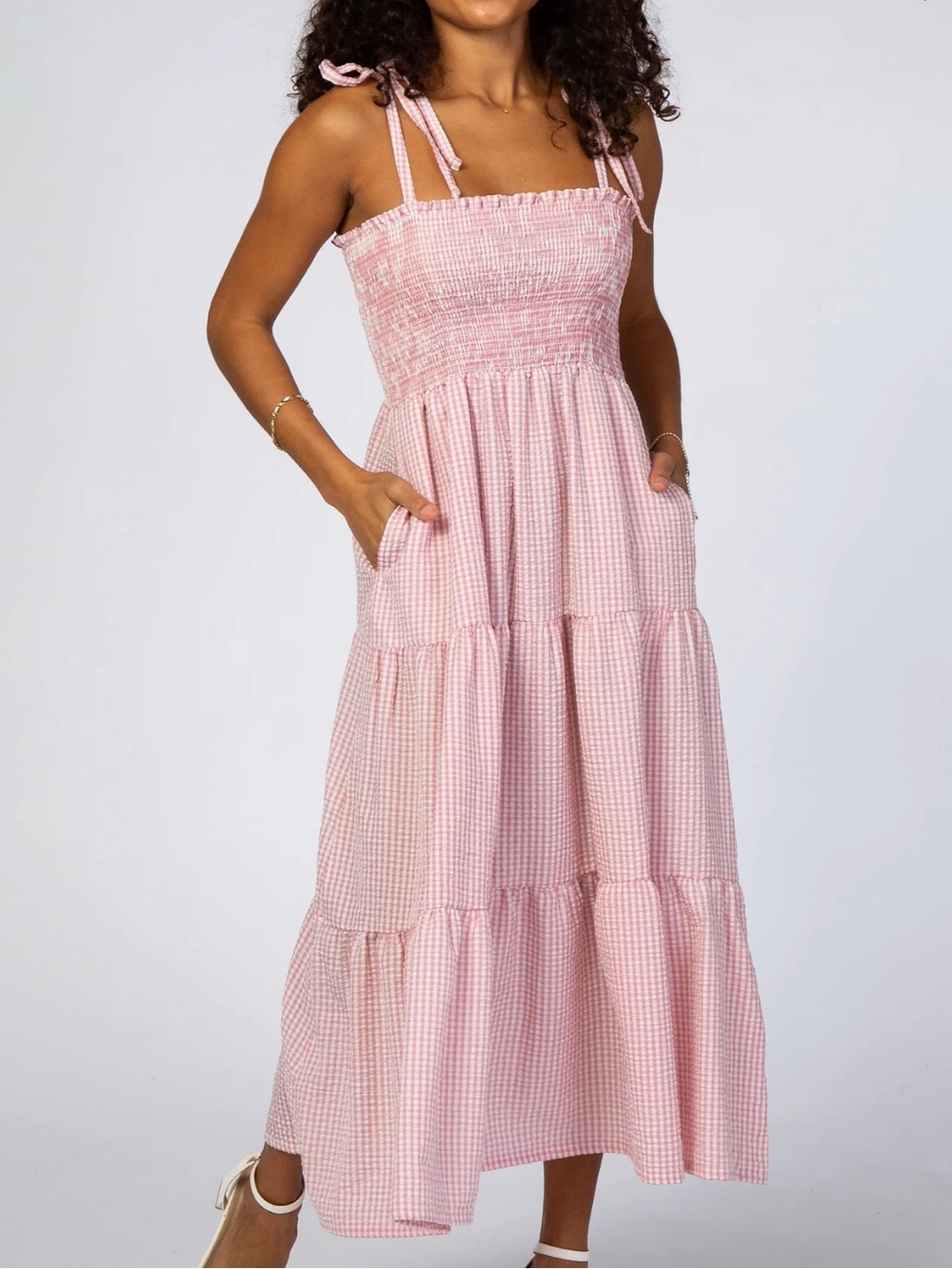 Pink and White Checkered Midi Dress